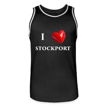 I Love Stockport - White Text - Men's Basketball Jersey - black/white - Front - AI Model Male 185 dark (185cm)