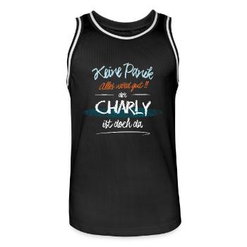 Charly - Keine Panik. Alles wird gut - Männer Basketball-Trikot - Schwarz/Weiß - Vorne - AI Model Male 185 dark (185cm)
