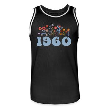 1960's Floral Pattern 1960's Floral Theme 1960's - Men's Basketball Jersey - black/white - Front - AI Model Male 185 dark (185cm)