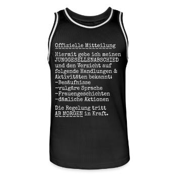 JGA Junggesellen Abschied - offizielle Mitteilung - Männer Basketball-Trikot - Schwarz/Weiß - Vorne - AI Model Male 185 dark (185cm)