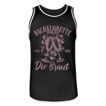 Bachelorette Party 2025 Die Braut Name eintragen - Männer Basketball-Trikot - Schwarz/Weiß - Vorne - AI Model Male 185 dark (185cm)