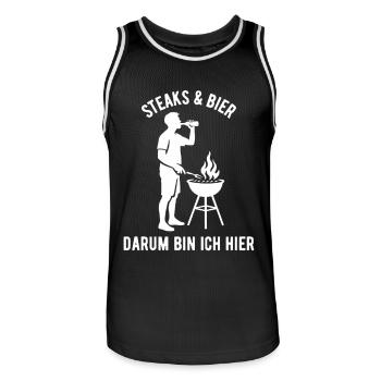 Steaks und Bier darum bin ich hier - Grillen - Männer Basketball-Trikot - Schwarz/Weiß - Vorne - AI Model Male 185 dark (185cm)