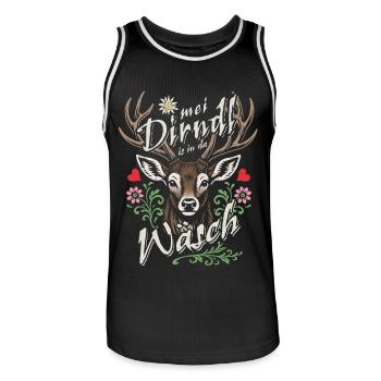Mei Dirndl is in da Wäsch - Dirndl Ersatz, Tracht - Männer Basketball-Trikot - Schwarz/Weiß - Vorne - AI Model Male 185 dark (185cm)