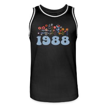 1988 Blumenmuster 1988 Blumen-thema Blumen 1988 - Männer Basketball-Trikot - Schwarz/Weiß - Vorne - AI Model Male 185 dark (185cm)