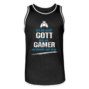 Ich bin zwar nicht Gott, aber als Gamer nah dran! - Männer Basketball-Trikot - Schwarz/Weiß - Vorne - AI Model Male 185 dark (185cm)
