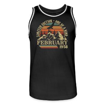 February 1958 Retro Born in February 1958 Birthday - Men's Basketball Jersey - black/white - Front - AI Model Male 185 dark (185cm)