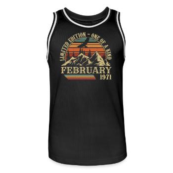February 1971 Retro Born February 1971 Birthday - Men's Basketball Jersey - black/white - Front - AI Model Male 185 dark (185cm)