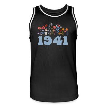 1941 Blumenmuster 1941 Blumen-thema Blumen 1941 - Männer Basketball-Trikot - Schwarz/Weiß - Vorne - AI Model Male 185 dark (185cm)