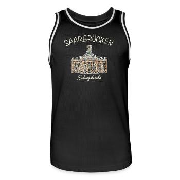 Saarbrücken, Ludwigskirche - Männer Basketball-Trikot - Schwarz/Weiß - Vorne - AI Model Male 185 dark (185cm)