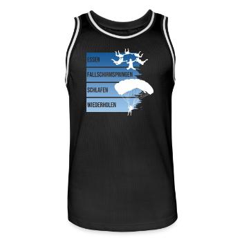 Essen - Fallschirmspringen - Schlafen -Wiederholen - Männer Basketball-Trikot - Schwarz/Weiß - Vorne - AI Model Male 185 dark (185cm)
