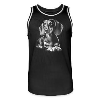 Niedlicher Dackel in liegender Pose im Zeichenstil - Männer Basketball-Trikot - Schwarz/Weiß - Vorne - AI Model Male 185 dark (185cm)