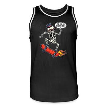 Skeleton on skateboard with hat and sunglasses - Men's Basketball Jersey - black/white - Front - AI Model Male 185 dark (185cm)