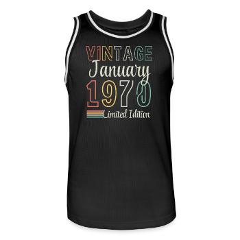 Vintage February 1970 – Limited Edition Anniversair - Men's Basketball Jersey - black/white - Front - AI Model Male 185 dark (185cm)