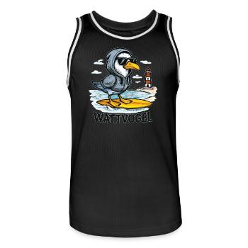 Wattvogel® Surfer-Möwe mit Hoodie & Sonnenbrille - Männer Basketball-Trikot - Schwarz/Weiß - Vorne - AI Model Male 185 dark (185cm)