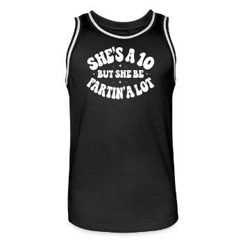 She's a 10 But She Be Fartin' - Men's Basketball Jersey - black/white - Front - AI Model Male 185 dark (185cm)