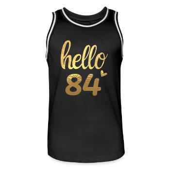 Hello 84 gold - Men's Basketball Jersey - black/white - Front - AI Model Male 185 dark (185cm)