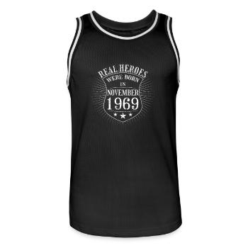Real Heroes were born in November 1969 Geburtstag - Männer Basketball-Trikot - Schwarz/Weiß - Vorne - AI Model Male 185 dark (185cm)