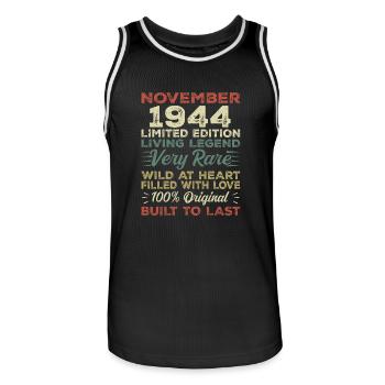 Légende : depuis novembre 1944 Né en novembre 1944 - Maillot de basket Homme - noir/blanc - Devant - AI Model Male 185 dark (185cm)