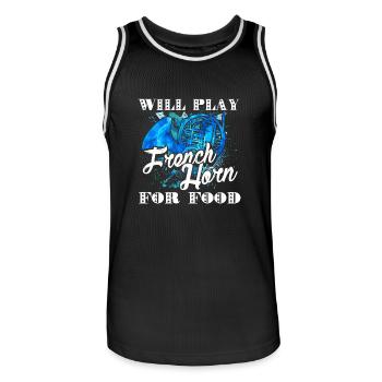 Will Play French Horn For Food - Men's Basketball Jersey - black/white - Front - AI Model Male 185 dark (185cm)