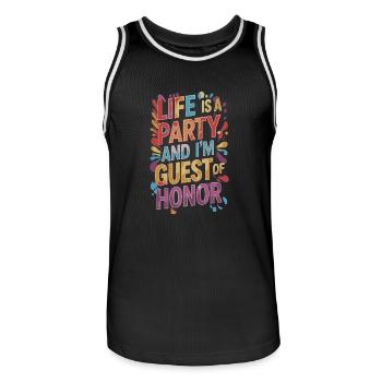 Life is a party – guest of the evening - Men's Basketball Jersey - black/white - Front - AI Model Male 185 dark (185cm)