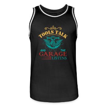 Tools talk and the garage listens - Men's Basketball Jersey - black/white - Front - AI Model Male 185 dark (185cm)