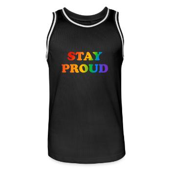 STAY PROUD Rainbow LGBT Pride - Men's Basketball Jersey - black/white - Front - AI Model Male 185 dark (185cm)