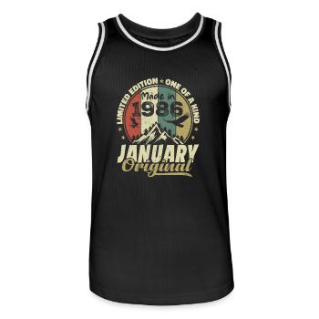 Anniversaire Janvier 1986 - Original Janvier 1986 - Maillot de basket Homme - noir/blanc - Devant - AI Model Male 185 dark (185cm)
