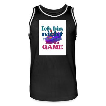 Ich bin im GAME – bunter Spruch - Männer Basketball-Trikot - Schwarz/Weiß - Vorne - AI Model Male 185 dark (185cm)