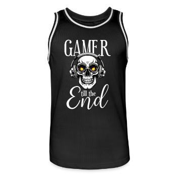 Gamer zocken Totenkopf Kopfhörer till the end - Männer Basketball-Trikot - Schwarz/Weiß - Vorne - AI Model Male 185 dark (185cm)