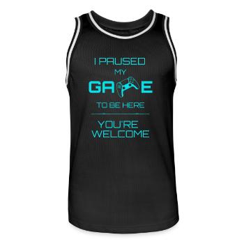 I paused my game to be here - Blue - Men's Basketball Jersey - black/white - Front - AI Model Male 185 dark (185cm)