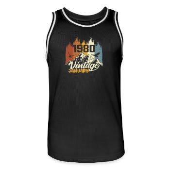 Birthday January 1980 - Gift January 1980 - Men's Basketball Jersey - black/white - Front - AI Model Male 185 dark (185cm)