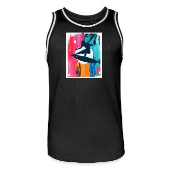 Surf-Silhouette im tropischen Sonnenuntergang - Männer Basketball-Trikot - Schwarz/Weiß - Vorne - AI Model Male 185 dark (185cm)