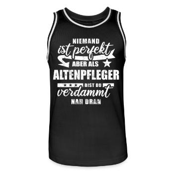 Niemand ist perfekt - Altenpfleger - Spruch - Männer Basketball-Trikot - Schwarz/Weiß - Vorne - AI Model Male 185 dark (185cm)