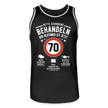 Oldtimer schonend behandeln - 70. Geburtstag - Männer Basketball-Trikot - Schwarz/Weiß - Vorne - AI Model Male 185 dark (185cm)