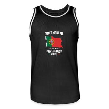 Portuguese Voice - Men's Basketball Jersey - black/white - Front - AI Model Male 185 dark (185cm)