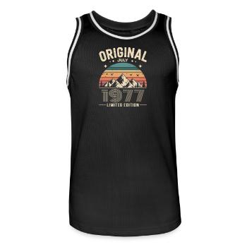 Juli 1977 – Legende der Gipfel und Berge - Männer Basketball-Trikot - Schwarz/Weiß - Vorne - AI Model Male 185 dark (185cm)