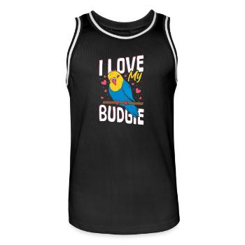 Budgie Care Perruche oiseau parlant - Maillot de basket Homme - noir/blanc - Devant - AI Model Male 185 dark (185cm)