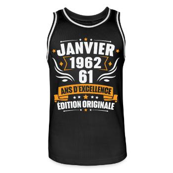 Vintage Cadeau Janvier 1962, 61 Ans Anniversaire - Maillot de basket Homme - noir/blanc - Devant - AI Model Male 185 dark (185cm)