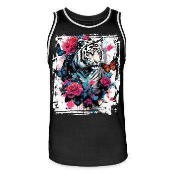 Majestic tiger with butterflies and roses - Men's Basketball Jersey - black/white - Front - AI Model Male 185 dark (185cm)