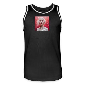 belle fille japonaise sur fond rouge avec des poissons - Maillot de basket Homme - noir/blanc - Devant - AI Model Male 185 dark (185cm)