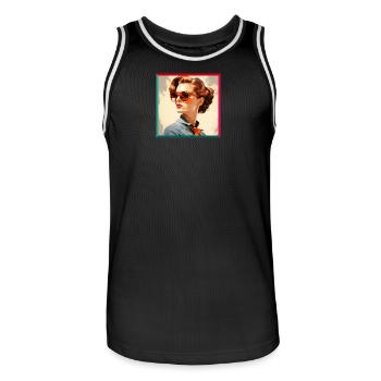 Retro Woman in Orange Eyeglasses - Men's Basketball Jersey - black/white - Front - AI Model Male 185 dark (185cm)