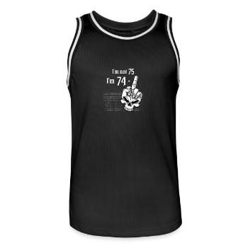 75e anniversaire - Je n’ai pas 75 ans, j’ai 74 ans plus 1 milieu - Maillot de basket Homme - noir/blanc - Devant - AI Model Male 185 dark (185cm)