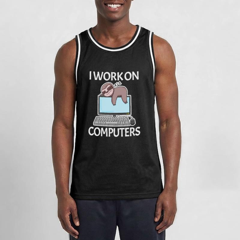 I work on computers computer nerd lazy funny Men's Basketball Jersey