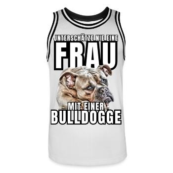 NEVER underestimate a woman with a bulldog dog dog - Men's Basketball Jersey - white/black - Front - AI Model Male 185 dark (185cm)