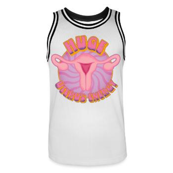 Huge Uterus Energy – Power & Empowerment - Männer Basketball-Trikot - Weiß/Schwarz - Vorne - AI Model Male 185 dark (185cm)