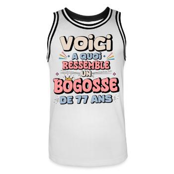 Humour Anniversaire 77 Ans - Maillot de basket Homme - blanc/noir - Devant - AI Model Male 185 dark (185cm)