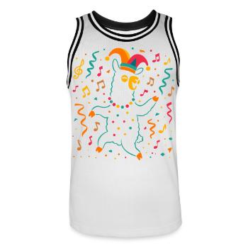 Dancing Carnival Alpaca with Jester's Cap - Men's Basketball Jersey - white/black - Front - AI Model Male 185 dark (185cm)