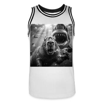 Capybara Unterwasser-Selfie mit Hai - Männer Basketball-Trikot - Weiß/Schwarz - Vorne - AI Model Male 185 dark (185cm)