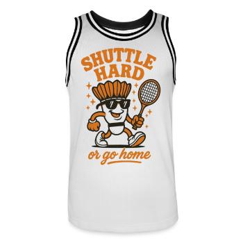 Shuttle Hard | Badminton Motivation Saying - Men's Basketball Jersey - white/black - Front - AI Model Male 185 dark (185cm)
