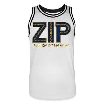 ZIP – Umarme alles | Ein Wortspiel mit einem Schloss - Männer Basketball-Trikot - Weiß/Schwarz - Vorne - AI Model Male 185 dark (185cm)